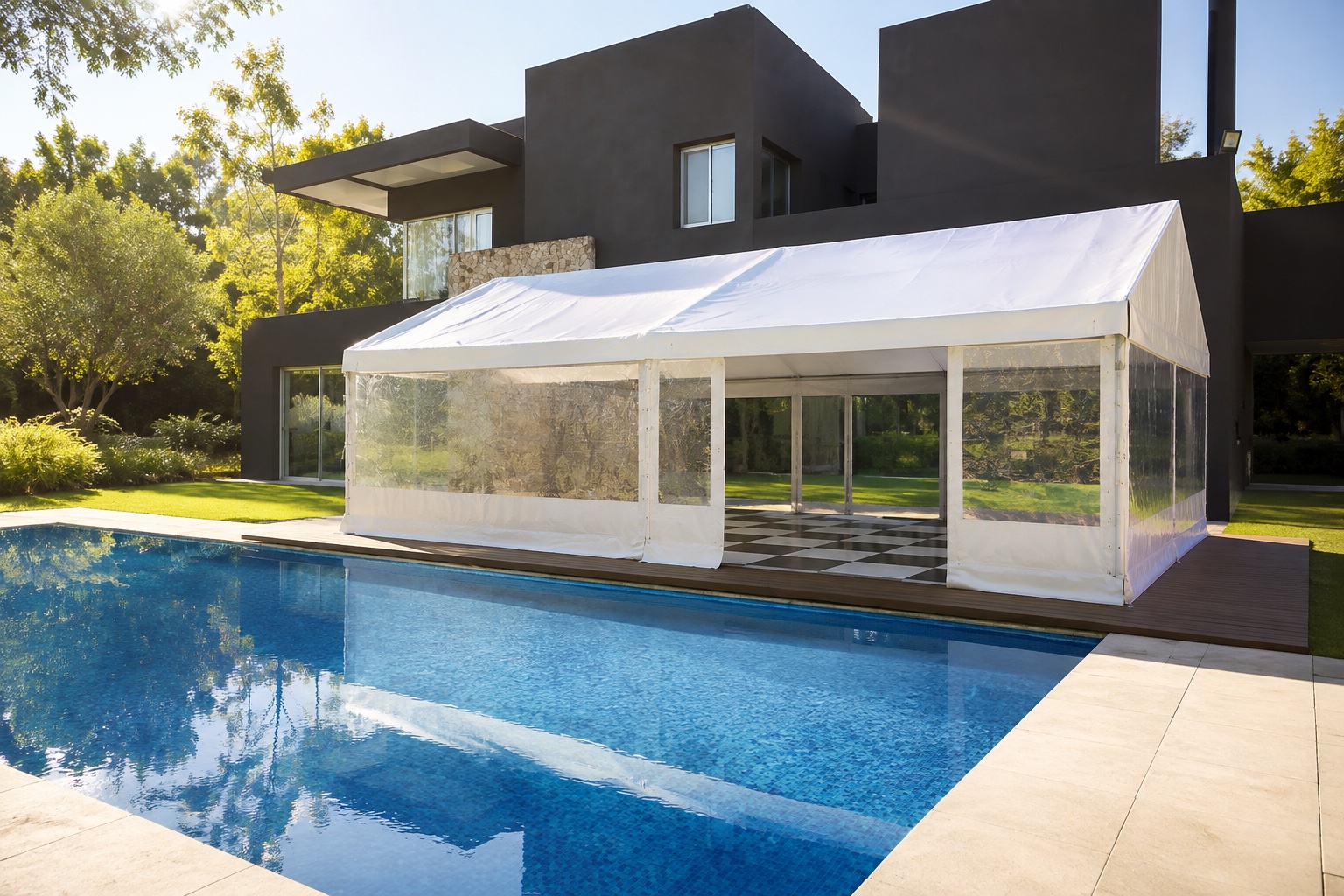 Vista exterior de carpa blanca con acceso abierto y piso damero